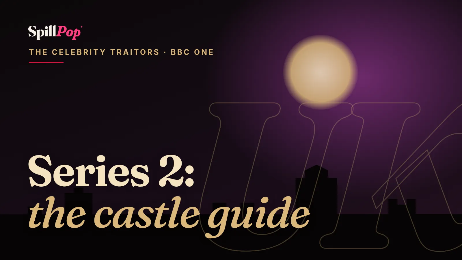SpillPop cover art: a moonlit castle silhouette in plum and gold with the words Series 2: the castle guide, The Celebrity Traitors