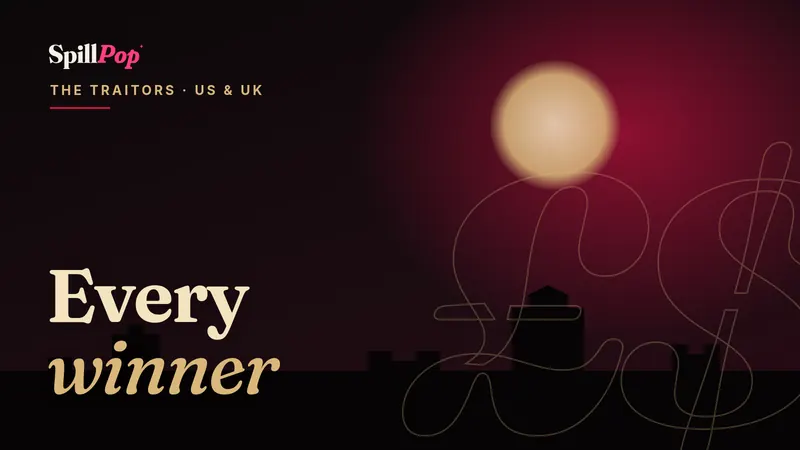 SpillPop cover art: a moonlit castle silhouette in plum and gold with the words Every winner, The Traitors US and UK