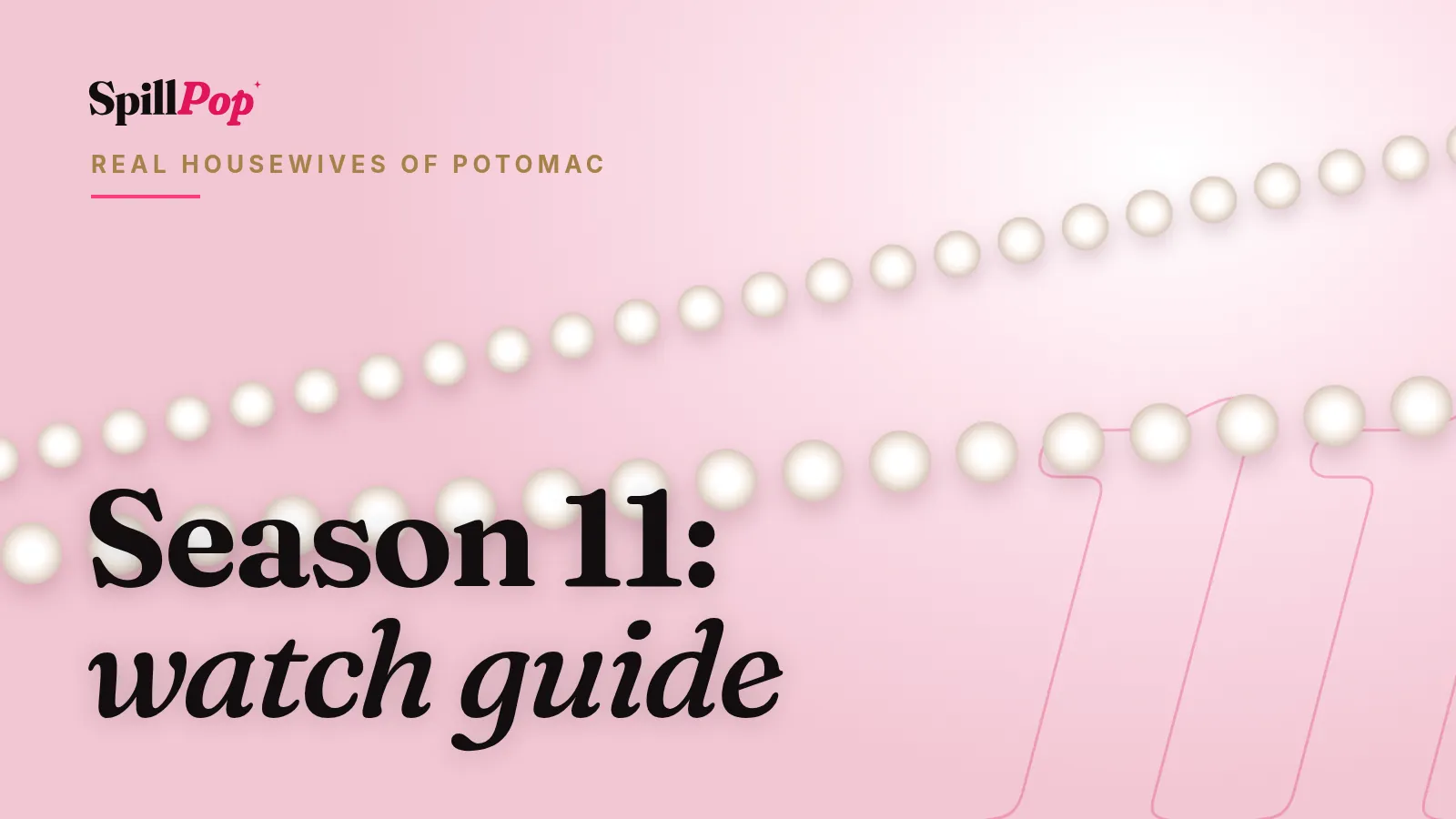 SpillPop cover art: pearls and gold tones with the words Season 11: watch guide, Real Housewives of Potomac